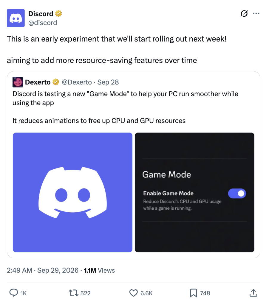语音开黑平台 Discord 将引入“游戏模式”，开启后可降低应用 CPU / GPU 占用